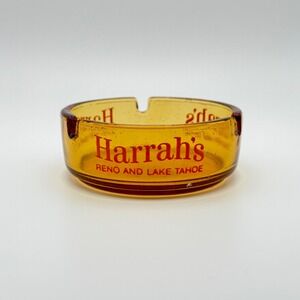 Vintage Harrah's Reno Lake Tahoe‎ Amber Glass Ashtray Casino Memorabilia